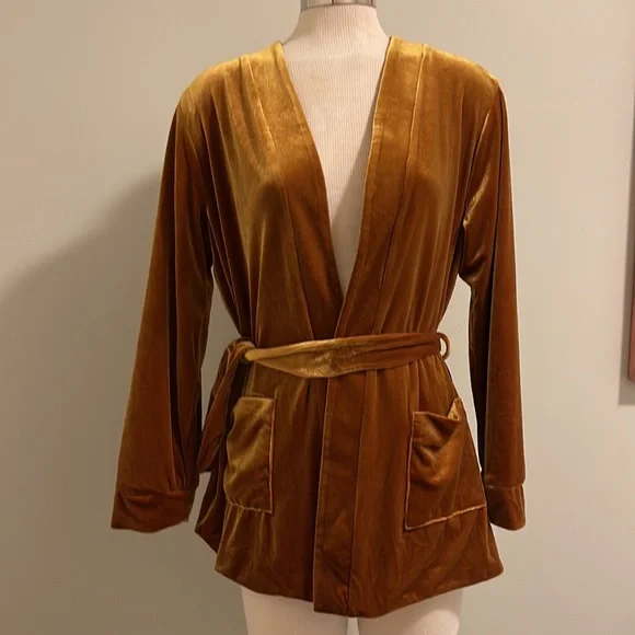 Nordstrom Ochre Velvet Cardigan with Belt & Pockets size L - Picture 8 of 11